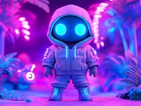 a small figure in a hoodie standing in a jungle